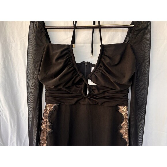 SELF-PORTRAIT Cutout Lace Trimmed Stretch Jersey Chiffon Halterneck Mini Dress 4 - Picture 7 of 13